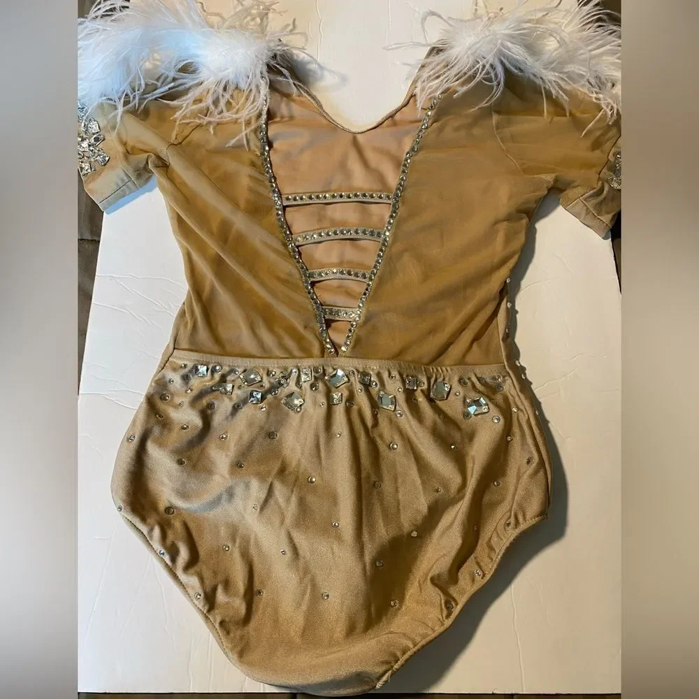 Glamour solo Crystal rhinestone feather dance costume nude tan SA-Small adult